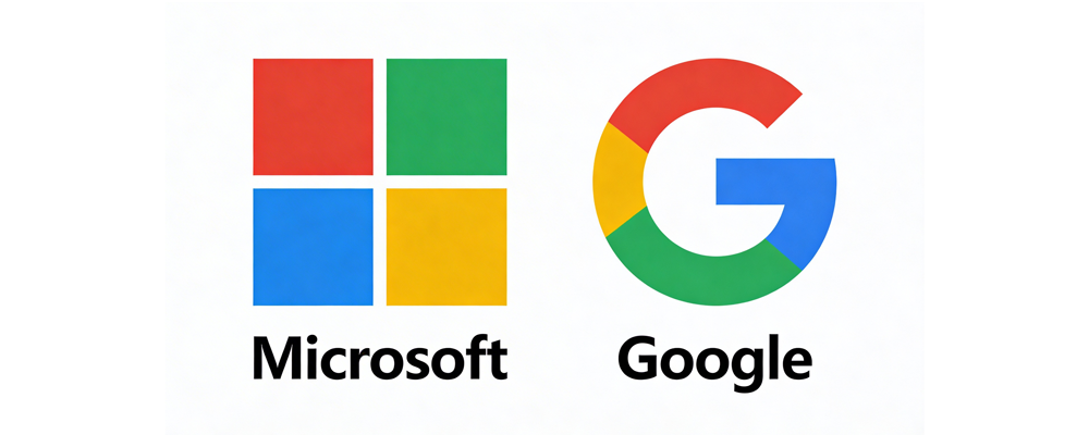 Illustration showing Microsoft 365 vs Google Workspace as logos