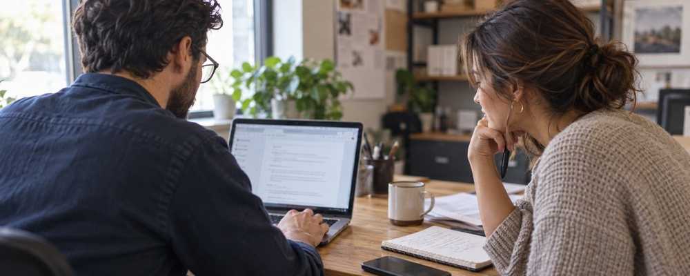 Two coworkers reviewing a laptop screen at a desk, illustrating how businesses are using AI for everyday tasks.